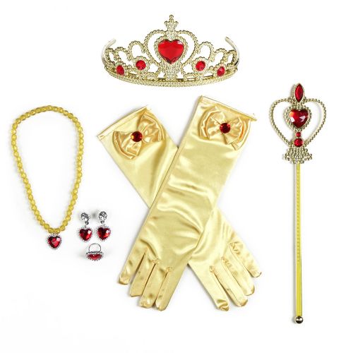  USATDD 8 Pcs Girls Belle Princess Crystal Dress up with Gloves Tiara Crown Wand Ring Earring and Necklaces