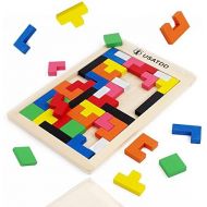 [아마존베스트]USATDD Wooden Tetris Puzzle Tangram Jigsaw Brain Teasers Toy Building Blocks Game Colorful Wood Puzzles Box Intelligence Educational Gift for Kids 40 Pcs