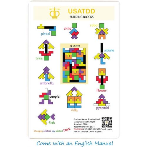  [아마존베스트]USATDD Wooden Tetris Puzzle Tangram Jigsaw Brain Teasers Toy Building Blocks Game Colorful Wood Puzzles Box Intelligence Educational Gift for Kids 40 Pcs