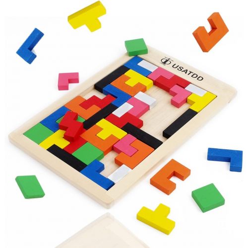  [아마존베스트]USATDD Wooden Tetris Puzzle Tangram Jigsaw Brain Teasers Toy Building Blocks Game Colorful Wood Puzzles Box Intelligence Educational Gift for Kids 40 Pcs