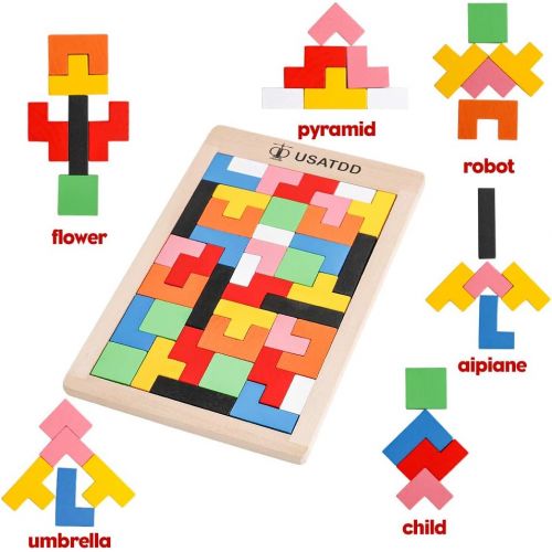  [아마존베스트]USATDD Wooden Tetris Puzzle Tangram Jigsaw Brain Teasers Toy Building Blocks Game Colorful Wood Puzzles Box Intelligence Educational Gift for Kids 40 Pcs