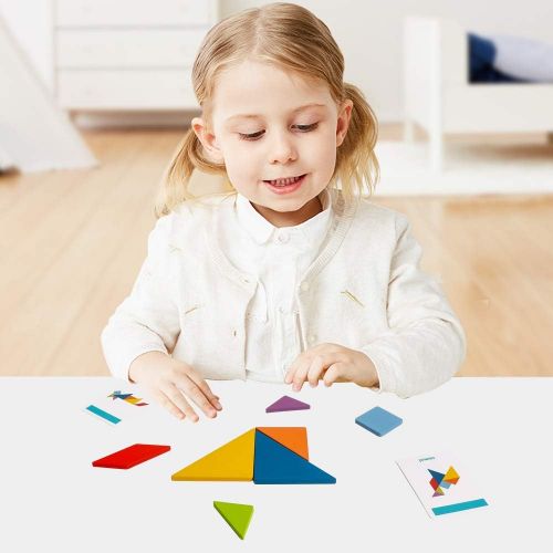  [아마존베스트]Wooden Pattern Tangram Puzzle Shape Blocks Montessori Travel Game 60 Cards 120 Patterns Include Number Alphabet Animal Early Educational Challenge IQ Brain Teasers STEM Gift for Ki