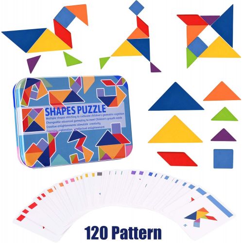  [아마존베스트]Wooden Pattern Tangram Puzzle Shape Blocks Montessori Travel Game 60 Cards 120 Patterns Include Number Alphabet Animal Early Educational Challenge IQ Brain Teasers STEM Gift for Ki