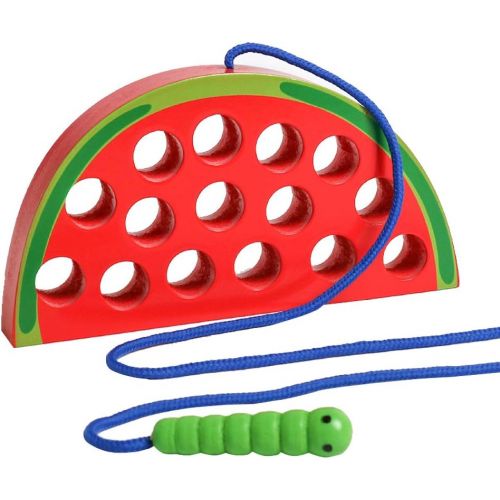  [아마존베스트]Wooden Lacing Watermelon Threading Toy Wood Block Puzzle Travel Game Fine Motor Montessori Activity Learning Early Development Educational Gift for 1 2 3 Years Old Toddlers Baby Ki