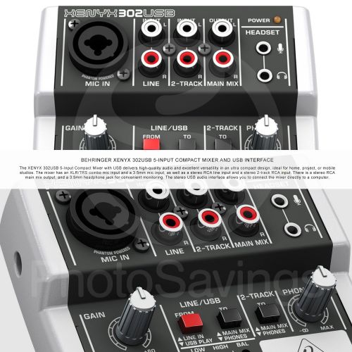  Photo Savings Behringer XENYX 302USB 5 Input Mixer and USB Interface & Platinum Bundle w Microphone + Closed-Back Headphones + Cables + Adapter + Fibertique