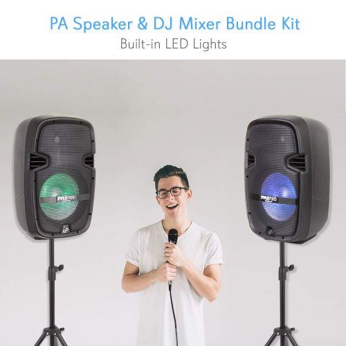  Pyle PA Speaker DJ Mixer Bundle - Portable Wireless Bluetooth Sound System with USB SD XLR 14 RCA Inputs, LED Lights - Dual Speaker, Mixer, Microphone, Stand, Cable - Home  Outdoor -