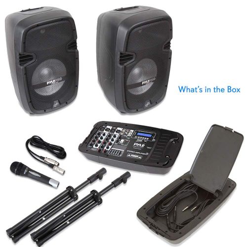  Pyle PA Speaker DJ Mixer Bundle - Portable Wireless Bluetooth Sound System with USB SD XLR 14 RCA Inputs, LED Lights - Dual Speaker, Mixer, Microphone, Stand, Cable - Home  Outdoor -