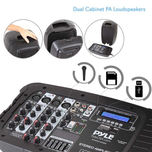  Pyle PA Speaker DJ Mixer Bundle - Portable Wireless Bluetooth Sound System with USB SD XLR 14 RCA Inputs, LED Lights - Dual Speaker, Mixer, Microphone, Stand, Cable - Home  Outdoor -