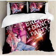 USOPHIA Youth Twin Size 4 Pieces Bed Sheets Set, Break Dance Party Poster Design with a Teen Girl Jumping Disco Nightclub Lifestyle Floral Duvet Cover Set, Multicolor