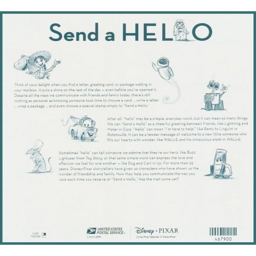  Send a Hello Pixar Films Sheet of 20 Forever Stamps Scott 4553 57 By USPS