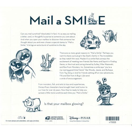  USPS Forever Stamps Disney Pixar Mail a Smile Sheet of 20 Stamps