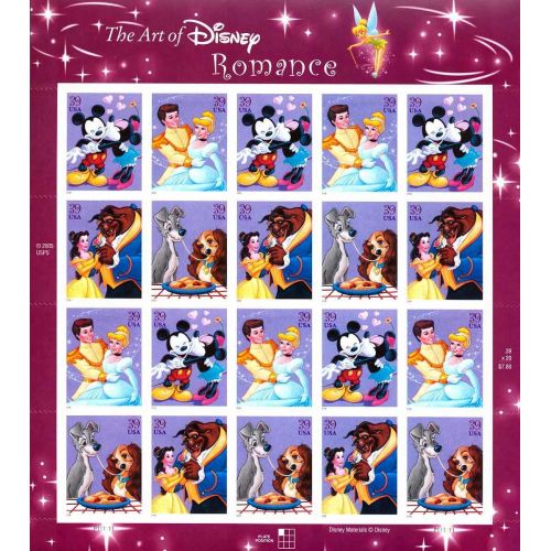  USPS Art of Disney: Romance, Full Sheet of 20 x 39 Cent Stamps, USA 2006, Scott 4025 28