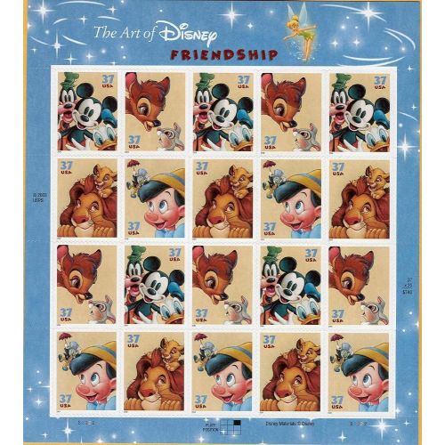  USPS The Art of Disney Friendship Sheet of 20 x 37 cent Stamps, Scott 3865 68