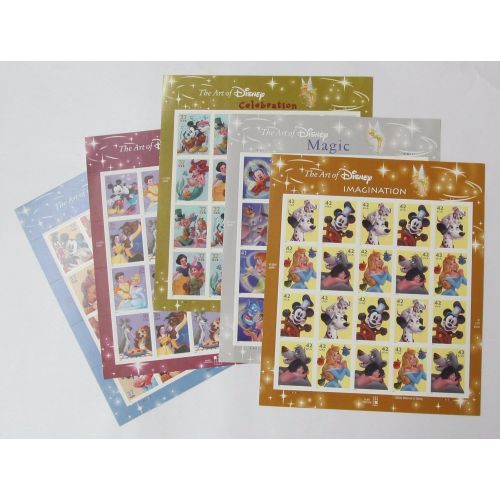  USPS The Art of Disney Set of 5 Sheets, Celebration, Friendship, Imagination, Magic, Romance Collectible Postage Stamps