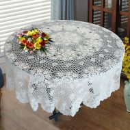 USTIDE 70 Crochet Round Tablecloth Beige Cotton Lace Table Overlays Handmade Crochet Floral Design Table Covers