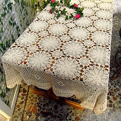  USTIDE Rectangular Crochet Kitchen Tablecloth Beige Cotton Tablecloth Floral Lace Table Cover 59inchesx78inches