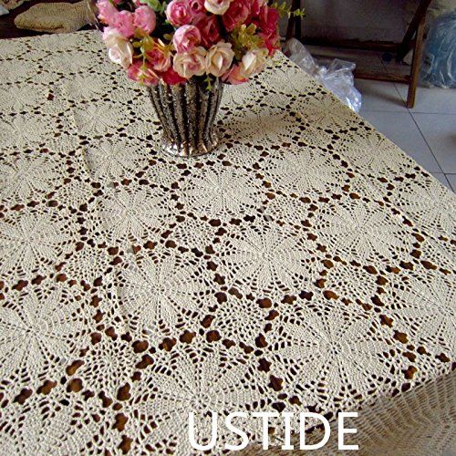  USTIDE Rectangular Crochet Kitchen Tablecloth Beige Cotton Tablecloth Floral Lace Table Cover 59inchesx78inches