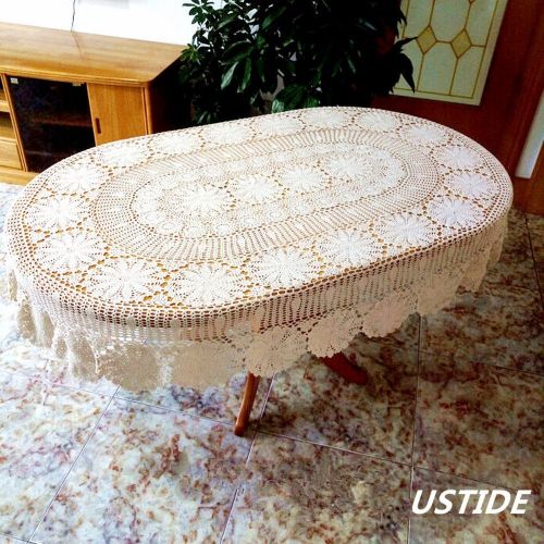  USTIDE White Oval Crochet Tablecloth Cotton Lace Table Overlays Vintage Wedding/Party Table Decorations, 63x86.6