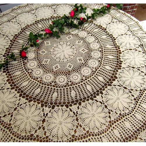  USTIDE 70 inch Round Cotton Crochet Lace Tablecloth Beige Vintage Woven Dining Kitchen Table Cover