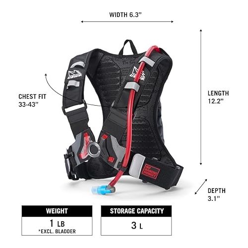  USWE Moto Hydro 3L Hydration Pack with 2.0L/ 70oz Water Bladder, a High End, Bounce Free Backpack for Enduro and Off-Road Motorcycle, Black Grey