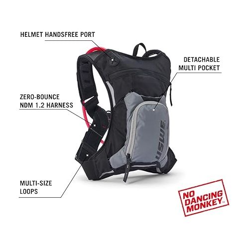  USWE Moto Hydro 3L Hydration Pack with 2.0L/ 70oz Water Bladder, a High End, Bounce Free Backpack for Enduro and Off-Road Motorcycle, Black Grey