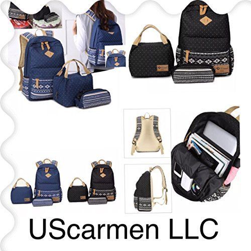  UScarmen Womens Man Canvas backpack, lunch bag, pouch bag 3Pcs. set for school bag daypack laptop bag (Color Black)