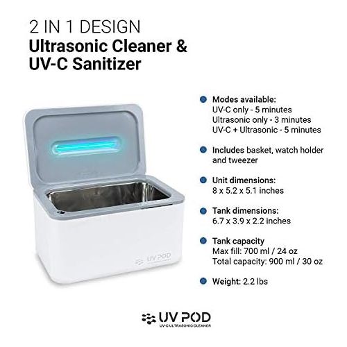  UV POD Ultrasonic Cleaner & UV Light Sanitizer, Professional Jewelry Cleaner Machine for Rings, Watches, Earrings, Baby Pacifier, Eyeglasses, Dentures (White)