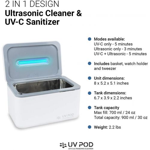  UV POD Ultrasonic Cleaner & UV Light Sanitizer, Professional Jewelry Cleaner Machine for Rings, Watches, Earrings, Baby Pacifier, Eyeglasses, Dentures (White)