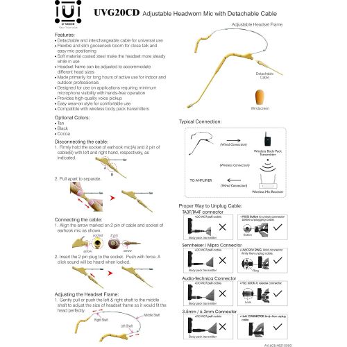  U-Voice UVG20 Tan Color Headset Microphone with Straight Detachable Cable for Audio Technica (Straight Cable)