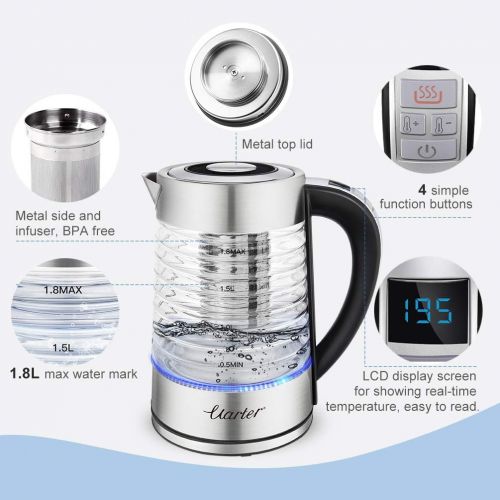  [아마존핫딜][아마존 핫딜] Uarter 1.8L Electric Glass Kettle 1500W BPA-Free Electric Tea Kettle with Adjustable Temperatures, Cordless Glass Boiler 1-24H Keep Warm & Auto Shut Off, Fast Boiling Water Kettle with Bl