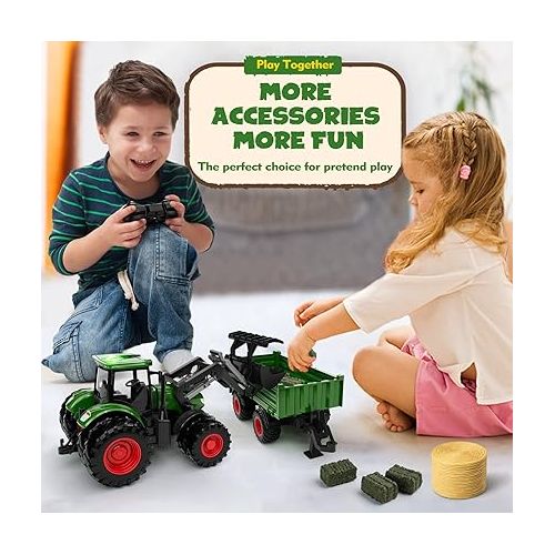  Remote Control Tractor Toy, Kids RC Tractor Set & Truck and Trailer Front Loader - Metal Car Head/8 Wheel/Light, Toddlers Farm Vehicle Toys for 3 4 5 6 7 8 9 Year Old Boys Girls Birthday Gift
