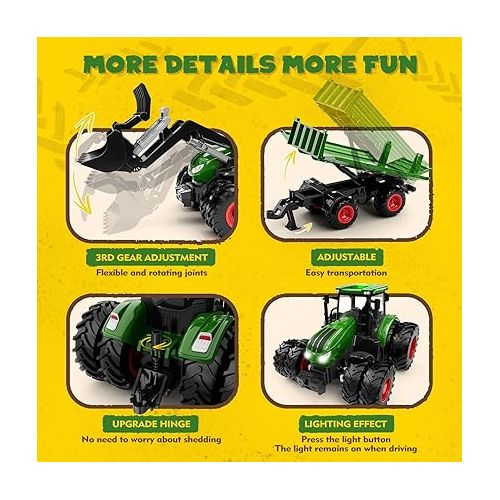  Remote Control Tractor Toy, Kids RC Tractor Set & Truck and Trailer Front Loader - Metal Car Head/8 Wheel/Light, Toddlers Farm Vehicle Toys for 3 4 5 6 7 8 9 Year Old Boys Girls Birthday Gift