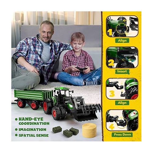  Remote Control Tractor Toy, Kids RC Tractor Set & Truck and Trailer Front Loader - Metal Car Head/8 Wheel/Light, Toddlers Farm Vehicle Toys for 3 4 5 6 7 8 9 Year Old Boys Girls Birthday Gift