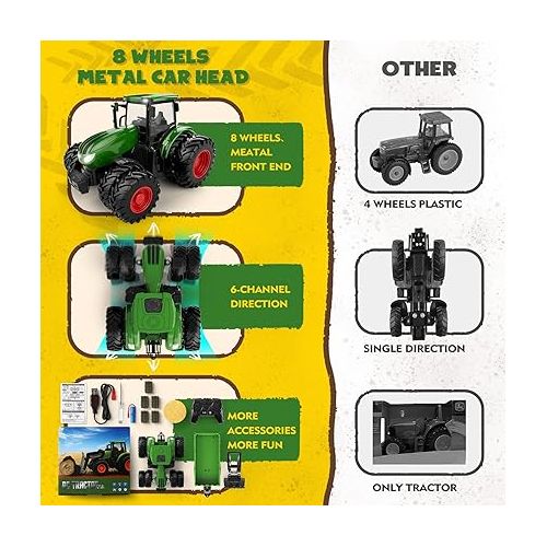  Remote Control Tractor Toy, Kids RC Tractor Set & Truck and Trailer Front Loader - Metal Car Head/8 Wheel/Light, Toddlers Farm Vehicle Toys for 3 4 5 6 7 8 9 Year Old Boys Girls Birthday Gift