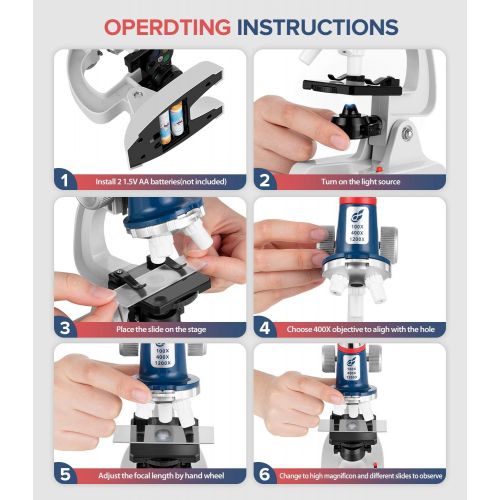  [아마존베스트]Uarzt 100X-1200X Science Kit for Kids Microscope with Metal Body Microscope, Plastic Slides, LED Light and Carrying Box, Science Experiments Kit Toys for kids 6-8 9 10-12 13-16 Chr