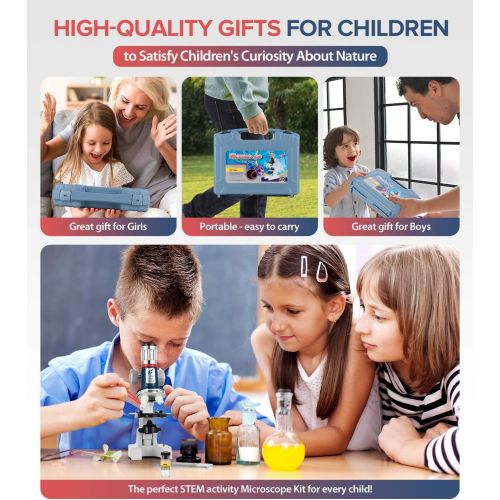  [아마존베스트]Uarzt 100X-1200X Science Kit for Kids Microscope with Metal Body Microscope, Plastic Slides, LED Light and Carrying Box, Science Experiments Kit Toys for kids 6-8 9 10-12 13-16 Chr