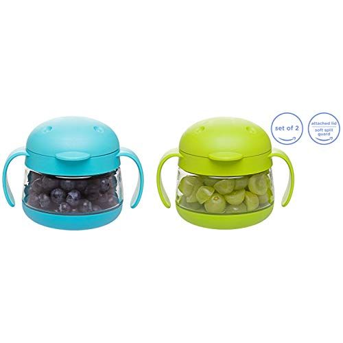  [아마존베스트]Ubbi cute BPA-free twin pack tweat snack container with attached lid and soft spill-proof guard, Blue/Green