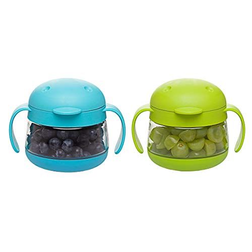  [아마존베스트]Ubbi cute BPA-free twin pack tweat snack container with attached lid and soft spill-proof guard, Blue/Green