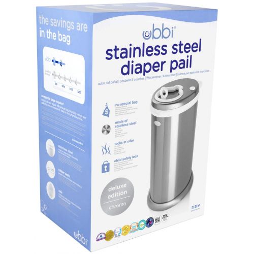  UBBI Stainless Steel Odor Locking, No Special Bag Required Money Saving, Awards-Winning,Modern Design Registry Must-Have Diaper Pail, Chrome