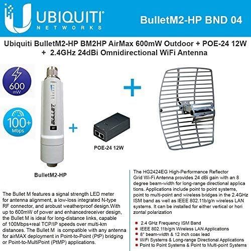  Ubiqui Network BulletM2 High Power Access Point 2.4 GHz 28dBm Outdoor airMAX Radio with PoE 24V 12W and Reflector Grid WiFi Antenna 24dBi 2.4Ghz