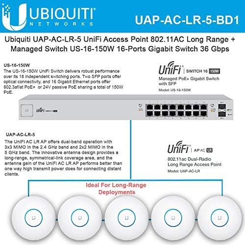  Ubiqui Network UniFi AP AC LR UAP-AC-LR-5 Long Range Wireless Access Point 802.11AC with Managed Switch PoE+ US-16-150W 16-Ports Gigabit Switch