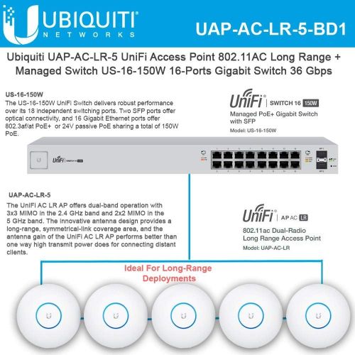  Ubiqui Network UniFi AP AC LR UAP-AC-LR-5 Long Range Wireless Access Point 802.11AC with Managed Switch PoE+ US-16-150W 16-Ports Gigabit Switch