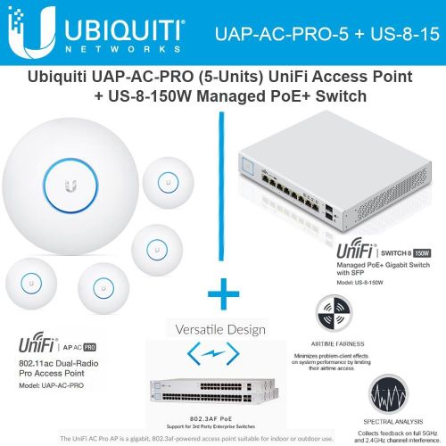  UBNT Ubiquiti Network UAP-AC-PRO-5 UniFi Access Point 5GHz Wi-Fi System 802.11ac + US-8-150W UniFi Managed Switch PoE+ Gigabit 8-Ports with SFP