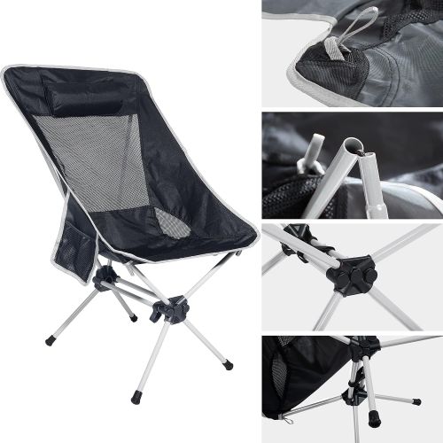  Ubon Compact Folding High Back Camping Chair Lightweight Portable Backpacking Chairs with 2 Side Pockets Black/Gray