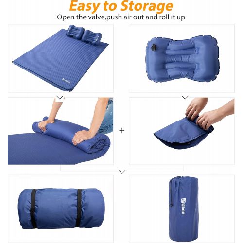  Ubon Double Self-Inflating Sleeping Mat Inflatable Mattress with Pillows Comfortable Asleep Pad for 2 People 1.5 Sponge Filling Ergonomic Pillow Portable Lightweight Camping Bed -