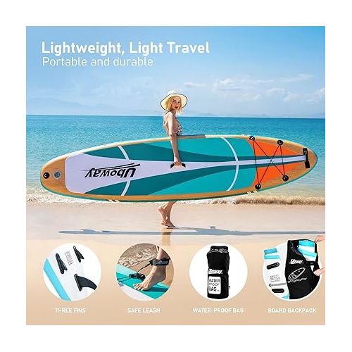  Inflatable Stand Up Paddle Board: Uboway Inflatable Kayak Paddle Board with Premium SUP Accessories, Non-Slip Comfort Deck with Backpack, Bonus Dry Bag & Hand Pump, Sup Board for Yoga Fishing Surf