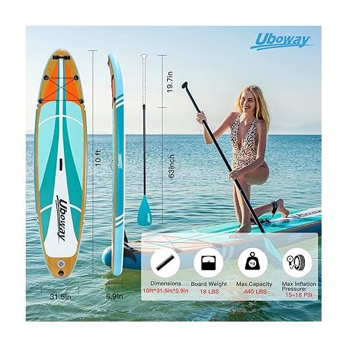  Inflatable Stand Up Paddle Board: Uboway Inflatable Kayak Paddle Board with Premium SUP Accessories, Non-Slip Comfort Deck with Backpack, Bonus Dry Bag & Hand Pump, Sup Board for Yoga Fishing Surf