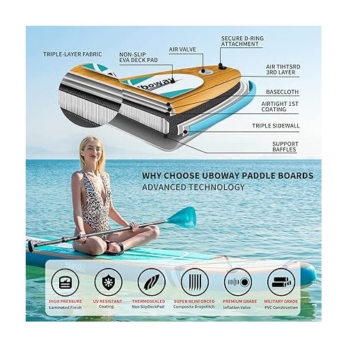  Inflatable Stand Up Paddle Board: Uboway Inflatable Kayak Paddle Board with Premium SUP Accessories, Non-Slip Comfort Deck with Backpack, Bonus Dry Bag & Hand Pump, Sup Board for Yoga Fishing Surf