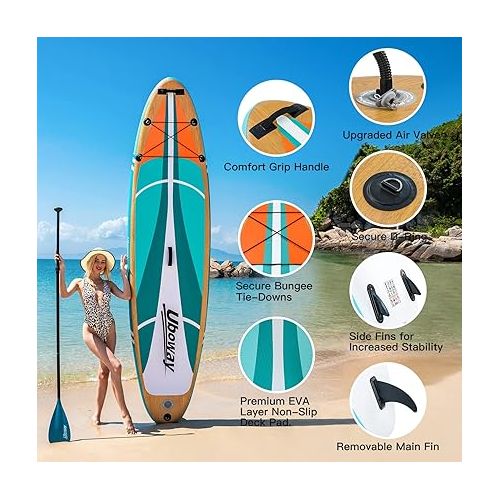  Inflatable Stand Up Paddle Board: Uboway Inflatable Kayak Paddle Board with Premium SUP Accessories, Non-Slip Comfort Deck with Backpack, Bonus Dry Bag & Hand Pump, Sup Board for Yoga Fishing Surf