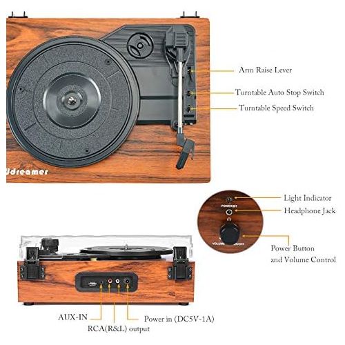  Udreamer Vinyl Record Player Wireless Turntable with Built-in Speakers and USB Belt-Driven Vintage Phonograph Record Player 3 Speed for Entertainment and Home Decoration